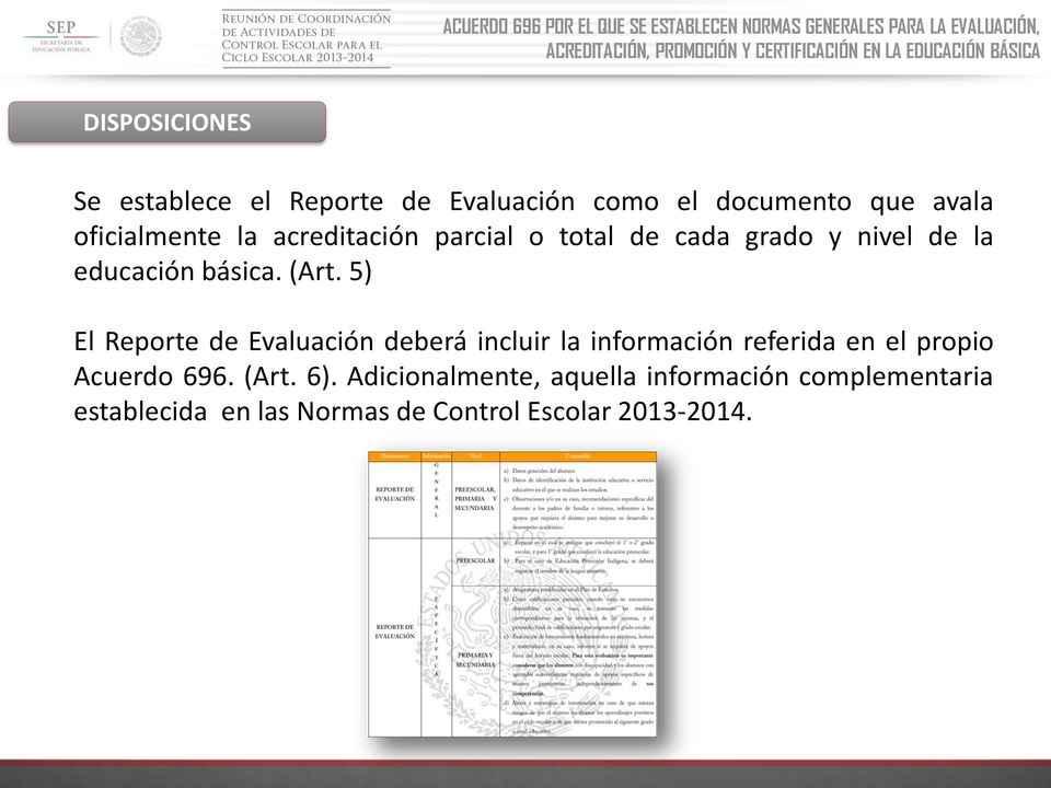 5) El Reporte de Evaluación deberá incluir la información referida en el propio Acuerdo 696.