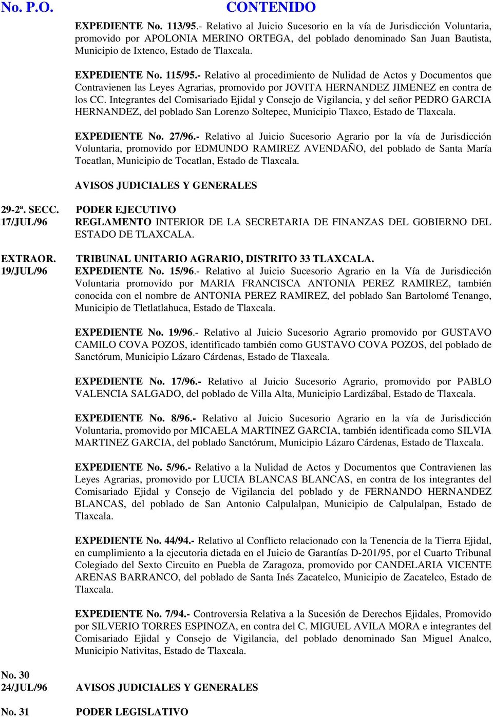 EXPEDIENTE No. 115/95.- Relativo al procedimiento de Nulidad de Actos y Documentos que Contravienen las Leyes Agrarias, promovido por JOVITA HERNANDEZ JIMENEZ en contra de los CC.