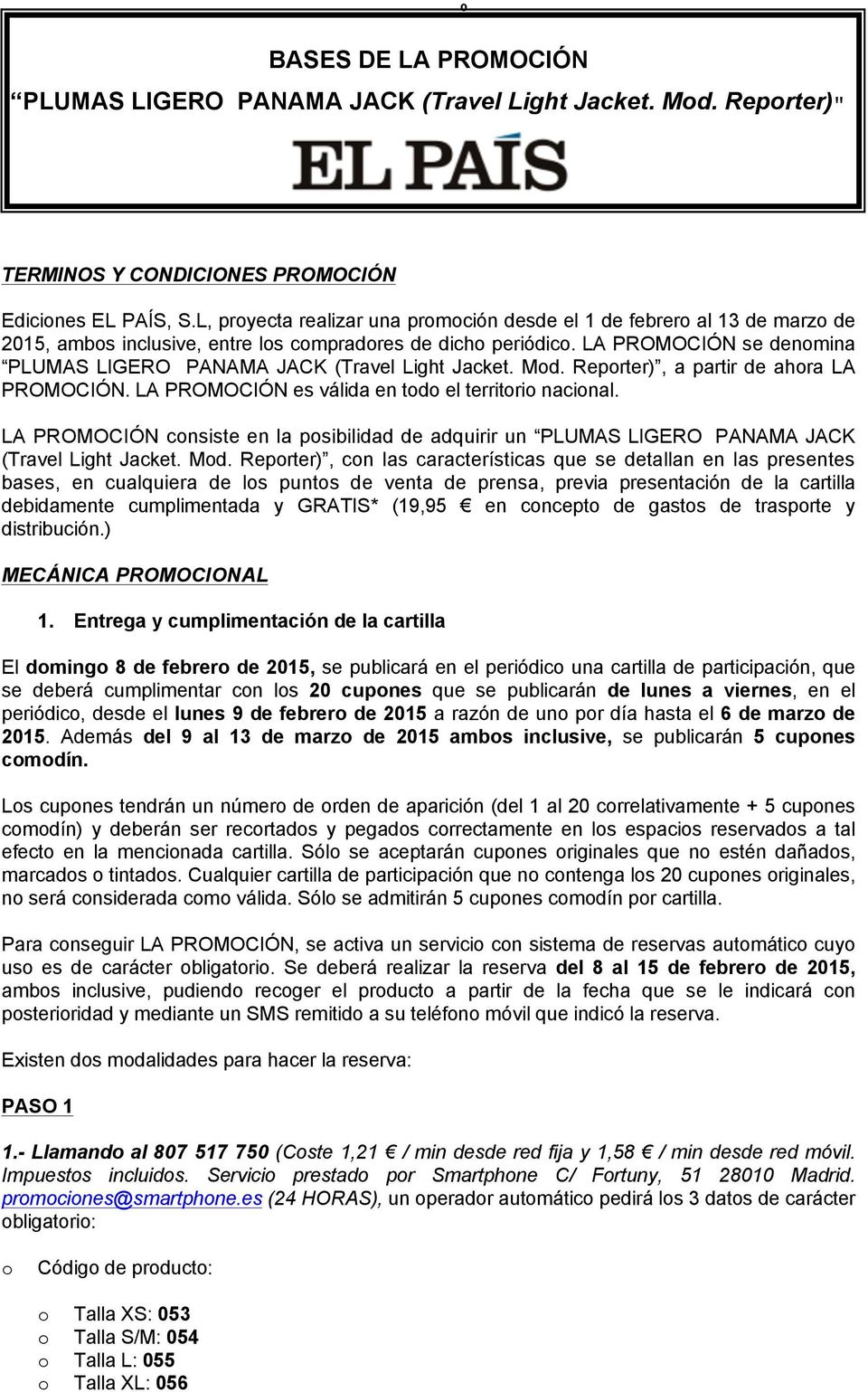 BASES DE LA PROMOCIÓN PLUMAS LIGERO PANAMA JACK (Travel Light Jacket. Mod.  Reporter)" - PDF Descargar libre