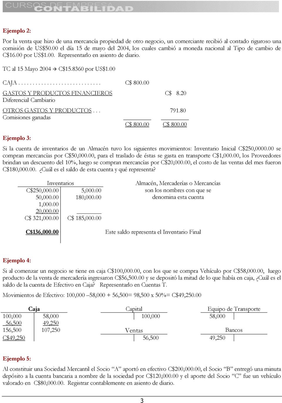 00 GASTOS Y PRODUCTOS FINANCIEROS Diferencial Cambiario OTROS GASTOS Y PRODUCTOS... Comisiones ganadas Ejemplo 3: C$ 8.20 791.80 C$ 800.00 C$ 800.