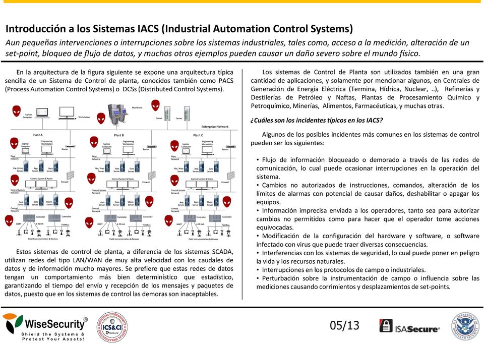 En la arquitectura de la figura siguiente se expone una arquitectura típica sencilla de un Sistema de Control de planta, conocidos también como PACS (Process Automation Control Systems) o DCSs