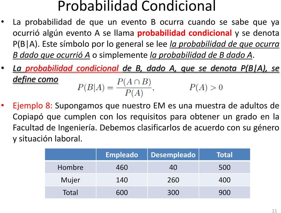 La probabilidad condicional de B, dado A, que se denota P(B A), se define como Ejemplo 8: Supongamos que nuestro EM es una muestra de adultos de Copiapó que cumplen con