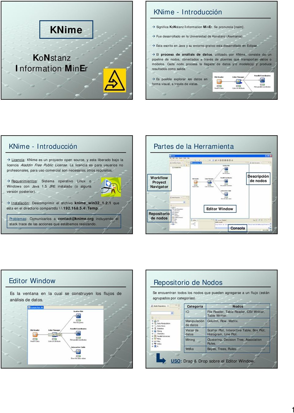 KoNstanz Information MinEr El proceso de análisis de datos, utilizado por KNime, consiste de un pipeline de nodos, conectados a través de puentes que transportan datos o modelos.