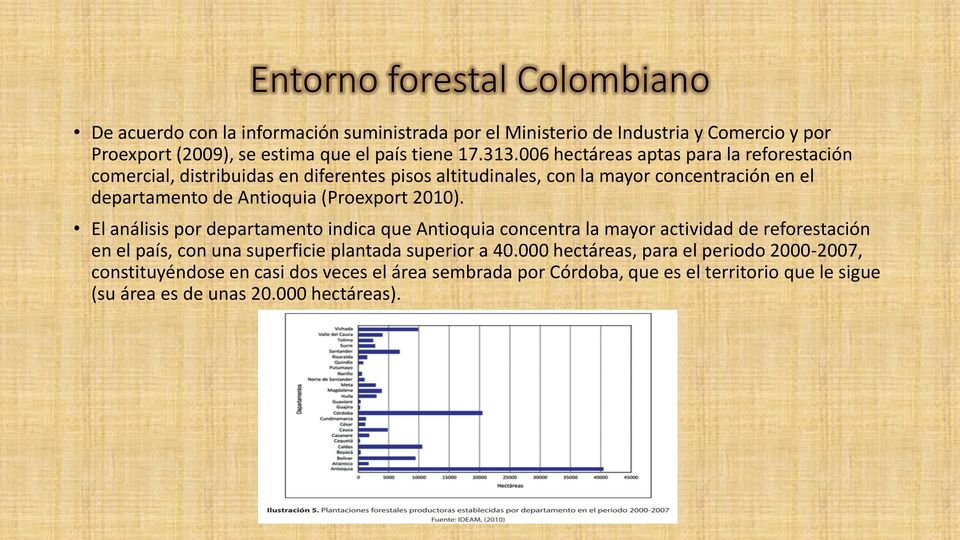 (Proexport 2010). El análisis por departamento indica que Antioquia concentra la mayor actividad de reforestación en el país, con una superficie plantada superior a 40.