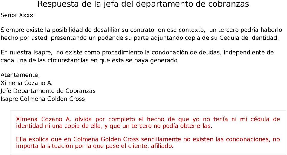 Carta de petición a Colmena Golden Cross . - PDF Free Download