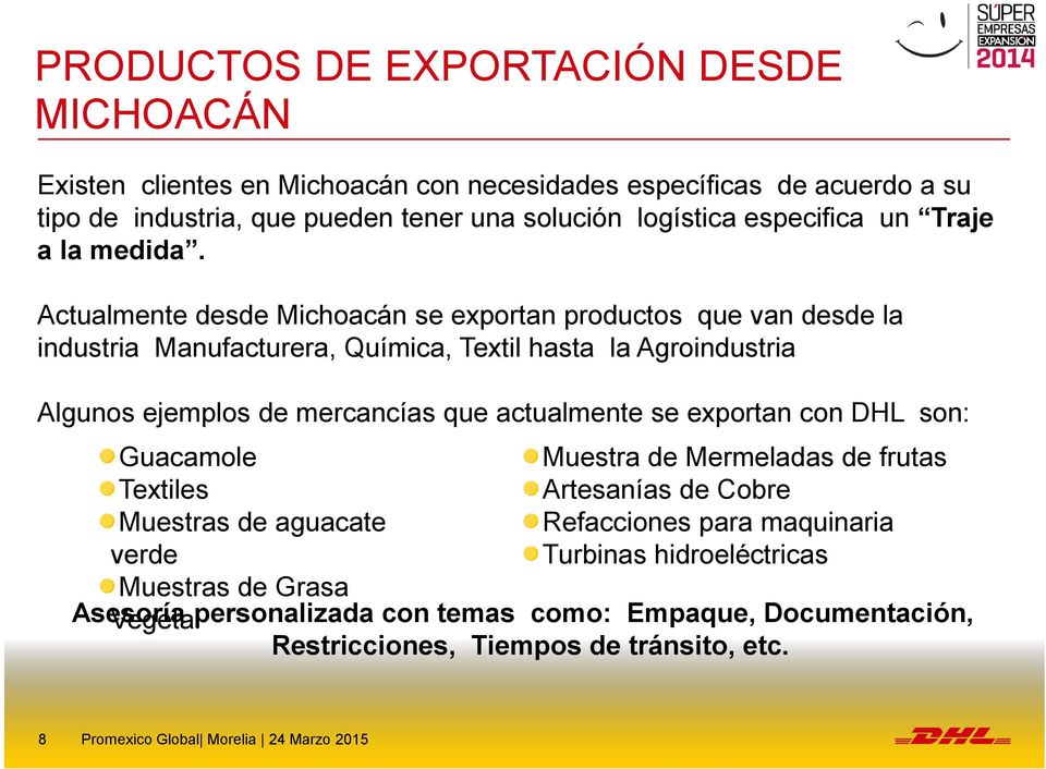 Actualmente desde Michoacán se exportan productos que van desde la industria Manufacturera, Química, Textil hasta la Agroindustria Algunos ejemplos de mercancías que actualmente se