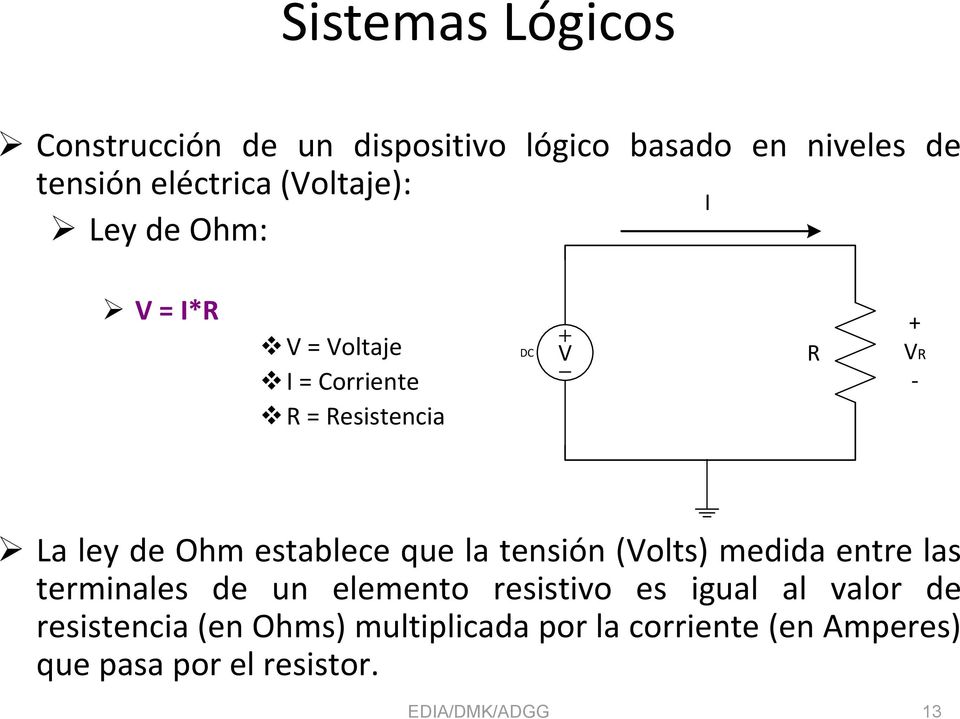 establece que la tensión (Volts) medida entre las terminales de un elemento resistivo es igual al