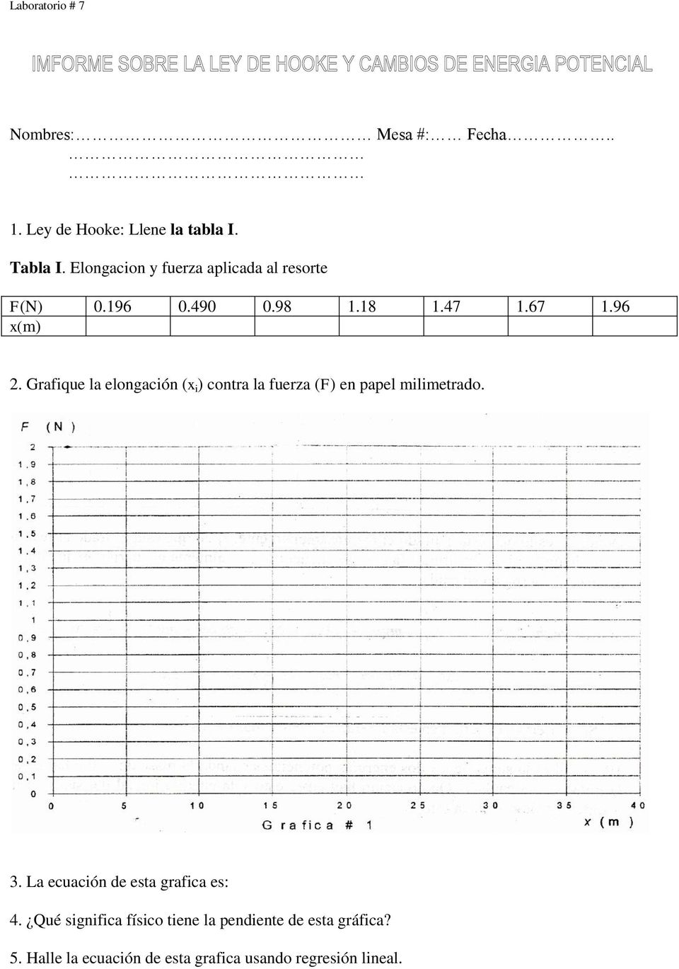 Grafique la elongación (x i ) contra la fuerza (F) en papel milimetrado. 3.