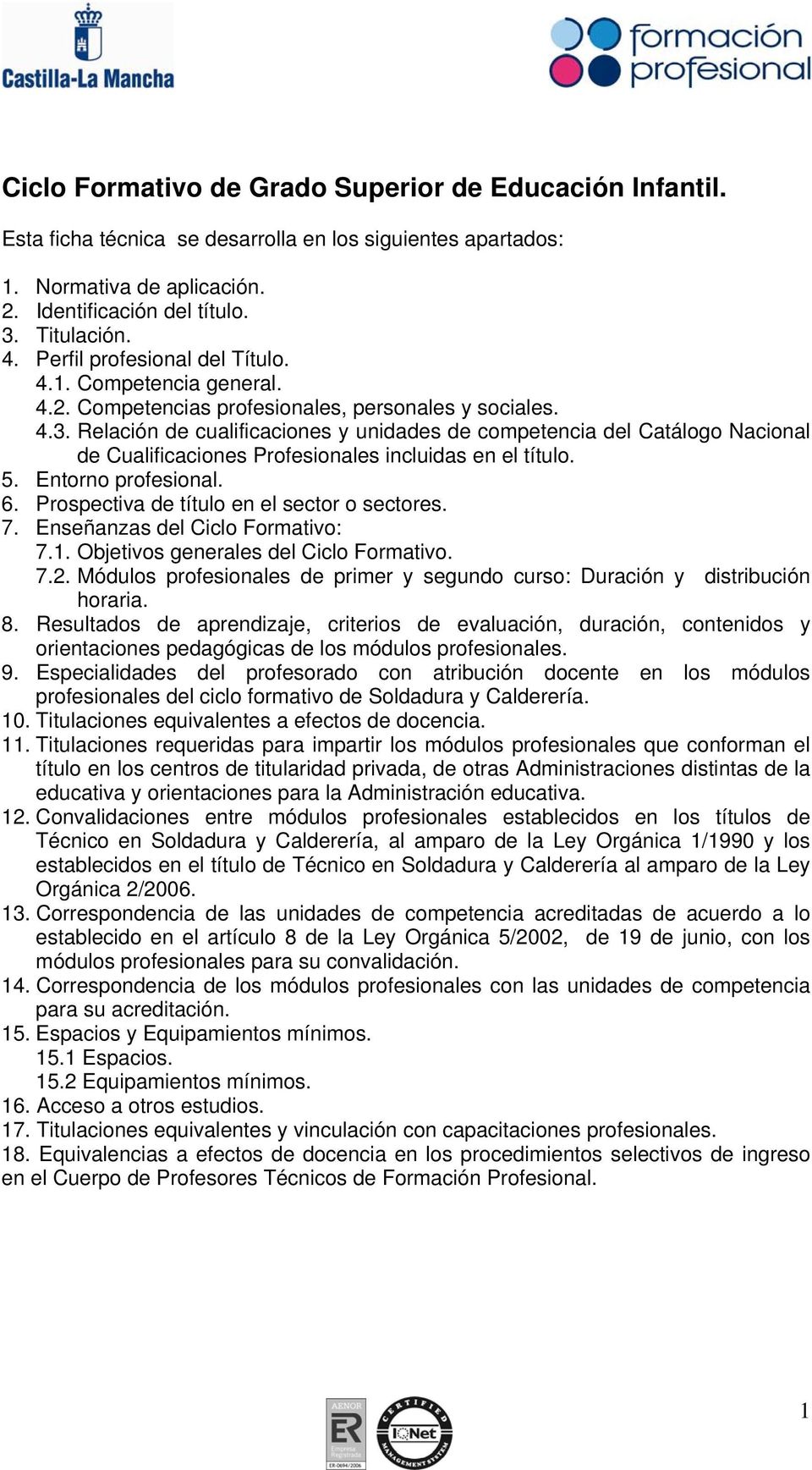 Relación de cualificaciones y unidades de competencia del Catálogo Nacional de Cualificaciones Profesionales incluidas en el título. 5. Entorno profesional. 6.