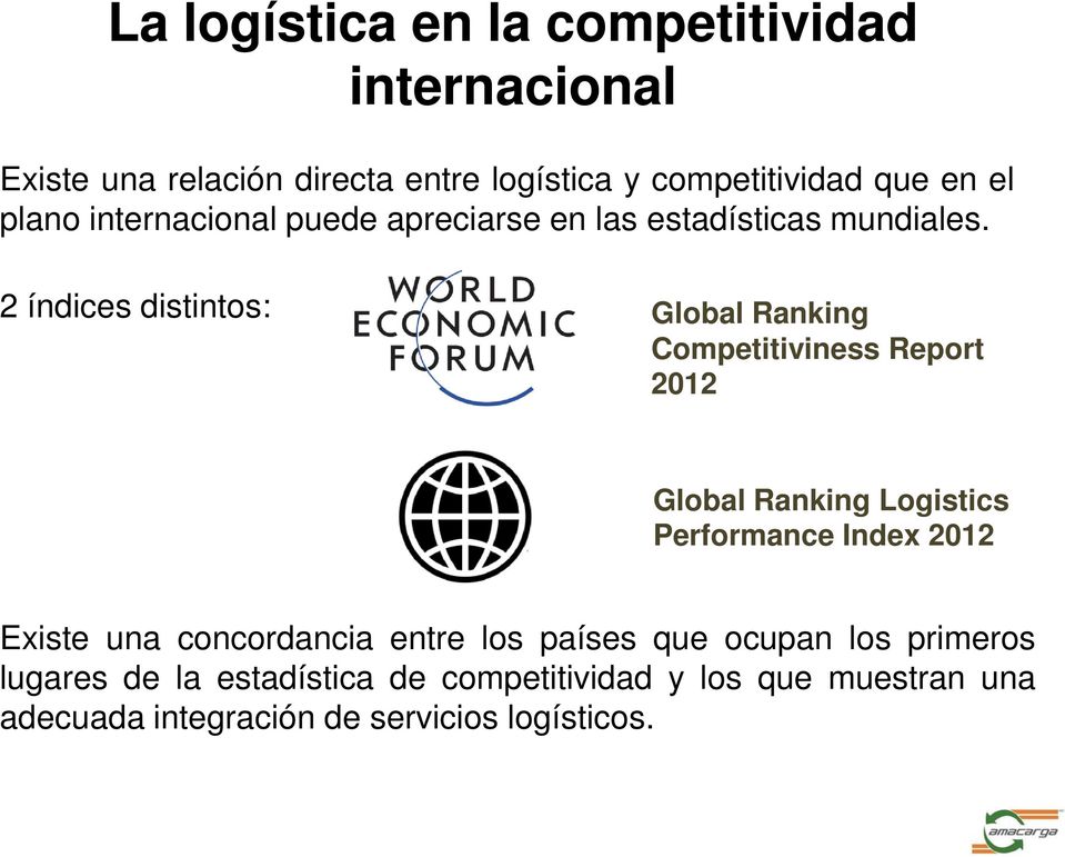 2 índices distintos: Global Ranking Competitiviness Report 2012 Global Ranking Logistics Performance Index 2012 Existe