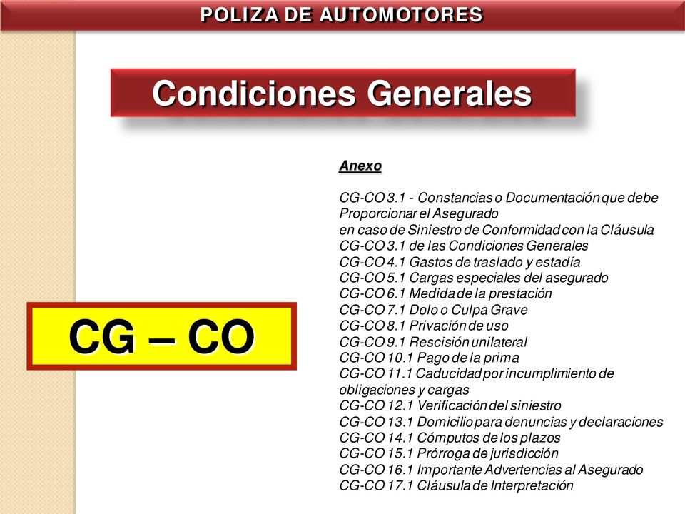 1 Privación de uso CG-CO 9.1 Rescisión unilateral CG-CO 10.1 Pago de la prima CG-CO 11.1 Caducidad por incumplimiento de obligaciones y cargas CG-CO 12.