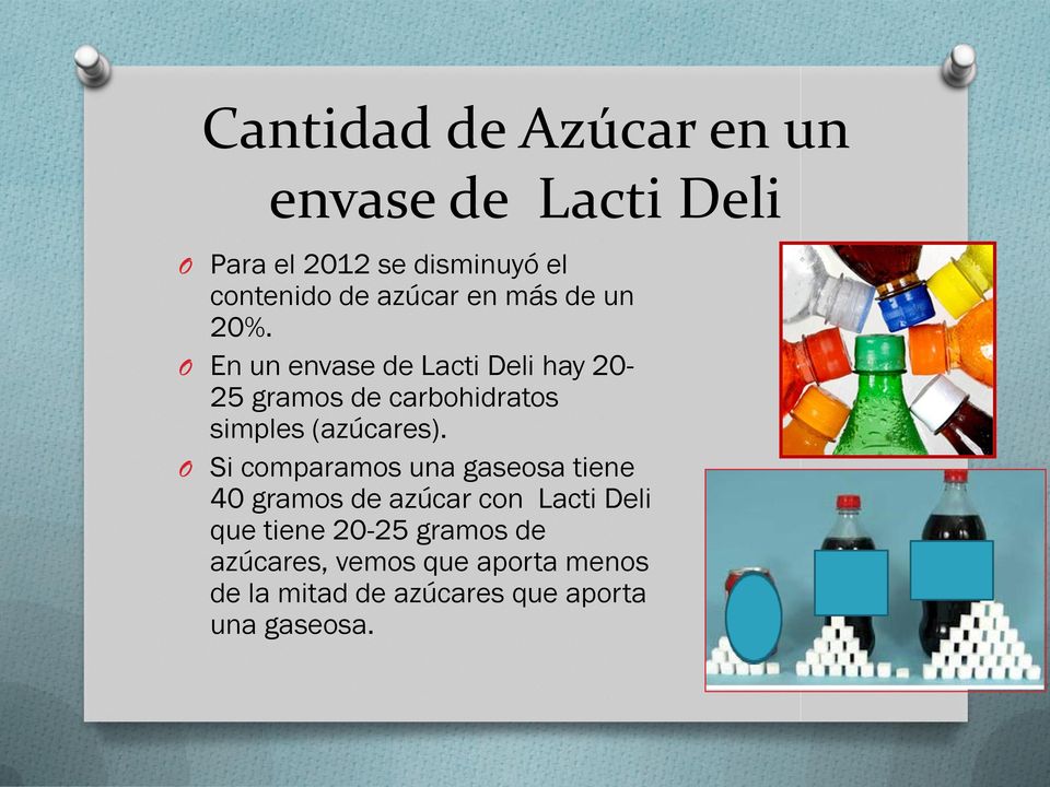 En un envase de Lacti Deli hay 20-25 gramos de carbohidratos simples (azúcares).