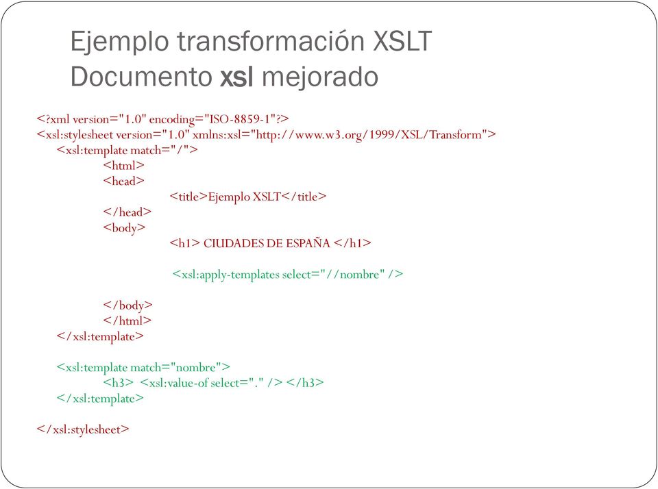 org/1999/xsl/transform"> <xsl:template match="/"> <html> <head> <title>ejemplo XSLT</title> </head> <body> <h1>
