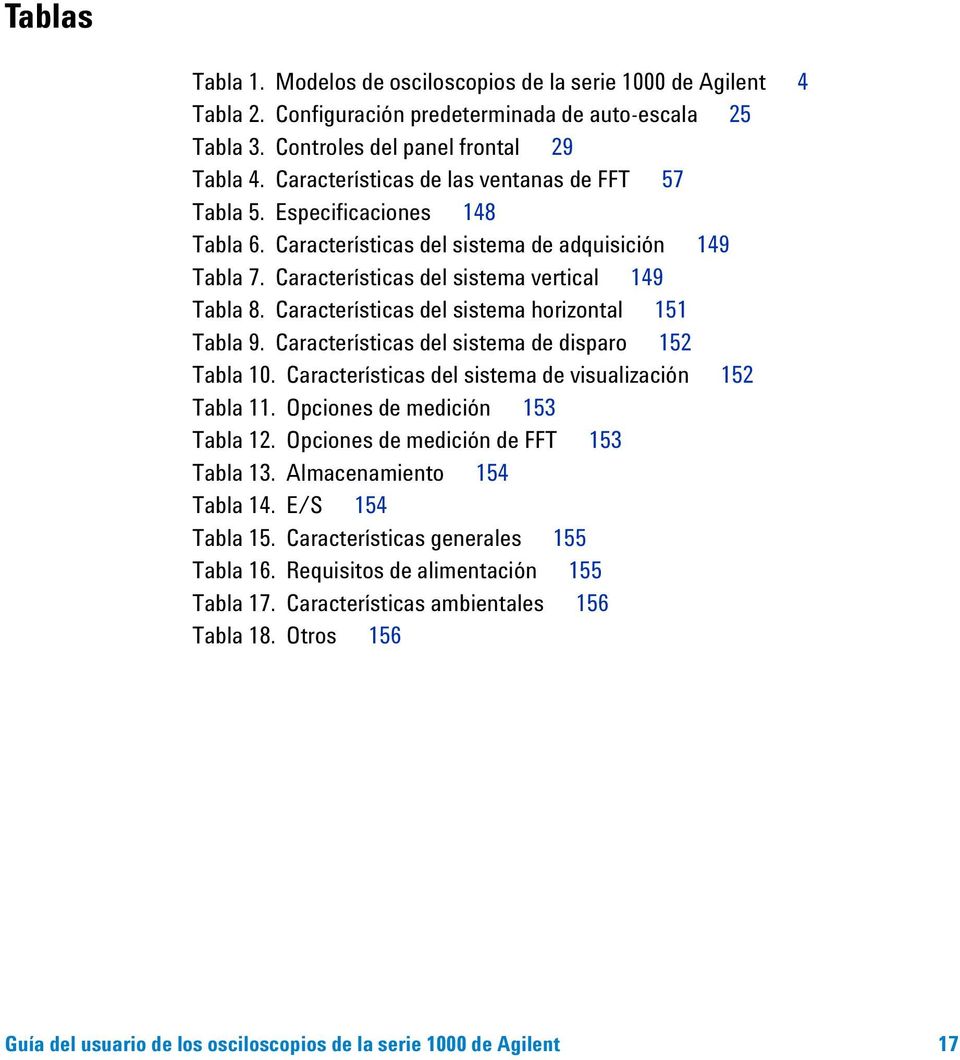 Características del sistema horizontal 151 Tabla 9. Características del sistema de disparo 152 Tabla 10. Características del sistema de visualización 152 Tabla 11. Opciones de medición 153 Tabla 12.