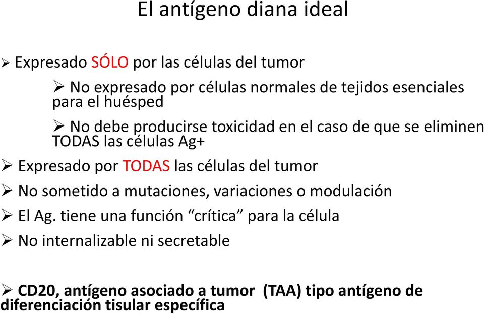 por TODAS las células del tumor No sometido a mutaciones, variaciones o modulación El Ag.