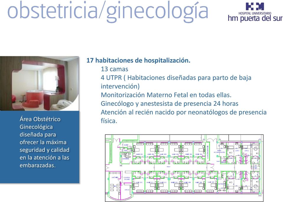 13 camas 4 UTPR ( Habitaciones diseñadas para parto de baja intervención) Monitorización