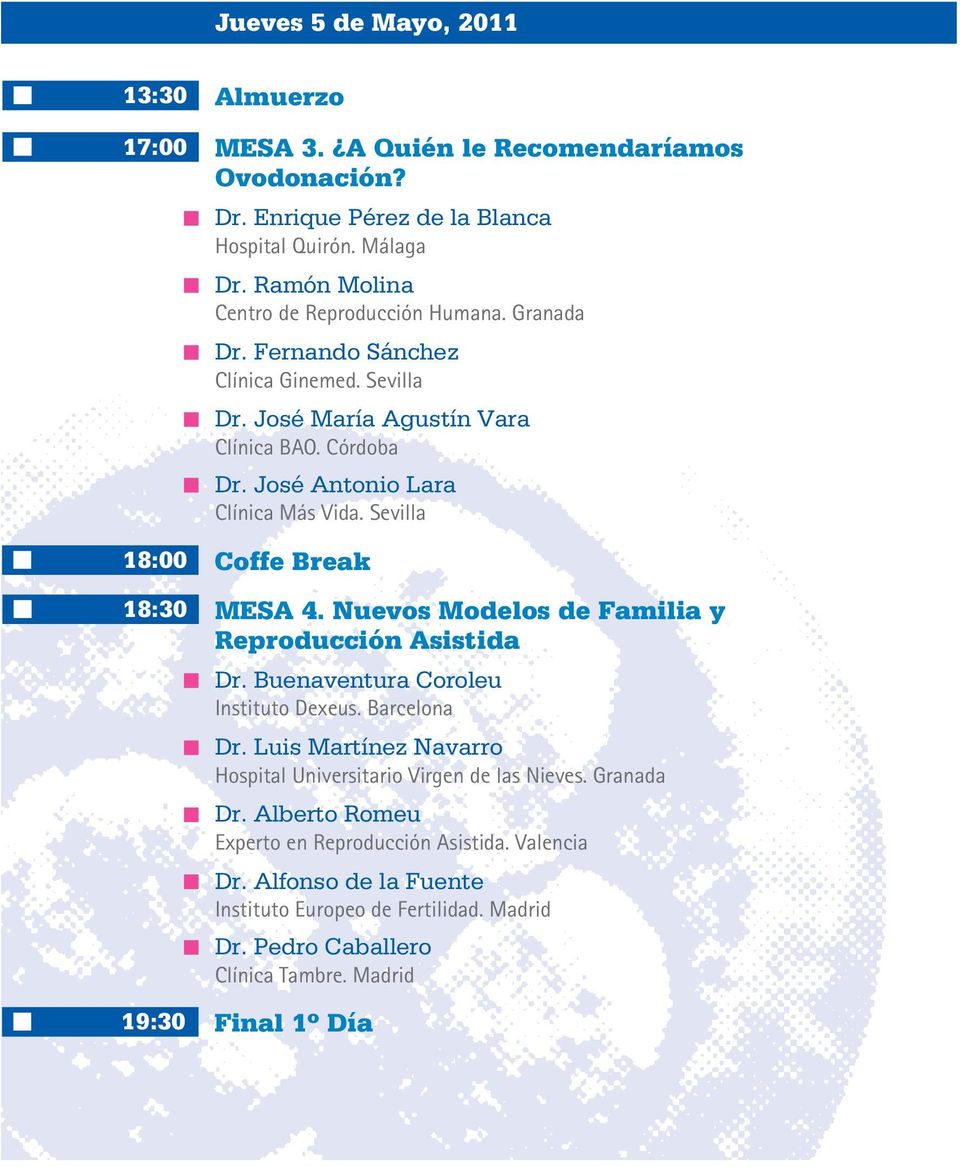 Sevilla 18:00 Coffe Break 18:30 MESA 4. Nuevos Modelos de Familia y Reproducción Asistida Dr. Buenaventura Coroleu Instituto Dexeus. Barcelona Dr.
