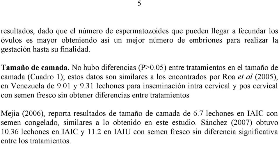 31 lechones para inseminación intra cervical y pos cervical con semen fresco sin obtener diferencias entre tratamientos Mejía (2006), reporta resultados de tamaño de camada de 6.