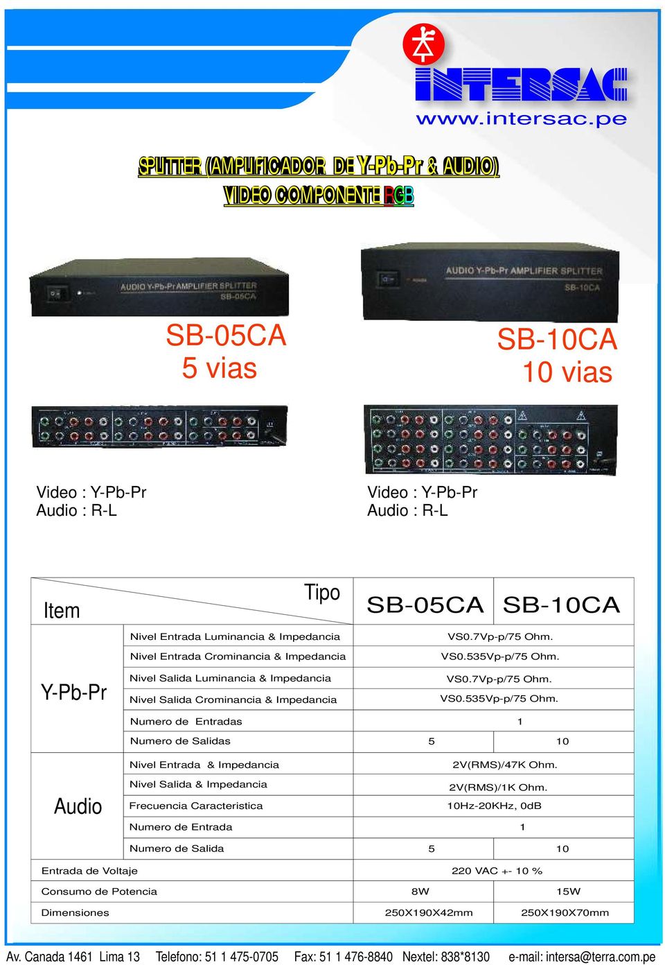 Impedancia Nivel Salida Luminancia & Impedancia Nivel Salida Crominancia & Impedancia Numero de Entradas VS0.7Vp-p/75 Ohm. VS0.535Vp-p/75 Ohm.