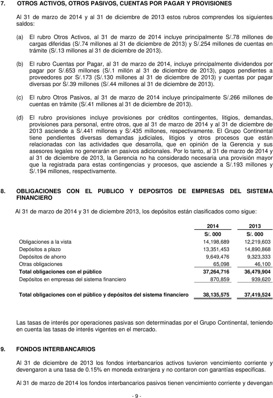 13 millones al 31 de diciembre de 2013). El rubro Cuentas por Pagar, al 31 de marzo de 2014, incluye principalmente dividendos por pagar por S/.653 millones (S/.
