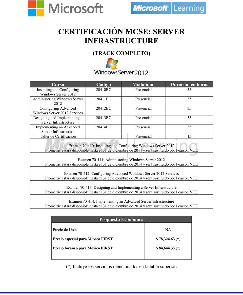 Server Infrastructure Taller de Certificación Presencial 15 Examen 70-410: Installing and Configuring Windows Server 2012 Examen 70-411: Administering Windows Server 2012 Examen 70-412: