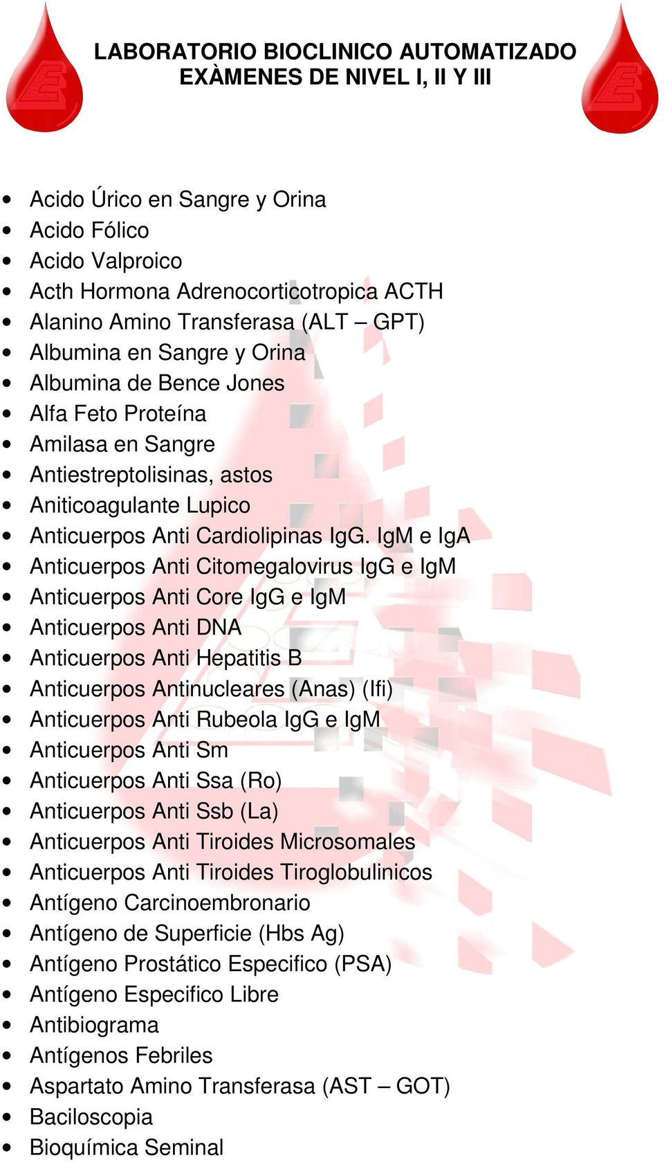 IgM e IgA Anticuerpos Anti Citomegalovirus IgG e IgM Anticuerpos Anti Core IgG e IgM Anticuerpos Anti DNA Anticuerpos Anti Hepatitis B Anticuerpos Antinucleares (Anas) (Ifi) Anticuerpos Anti Rubeola