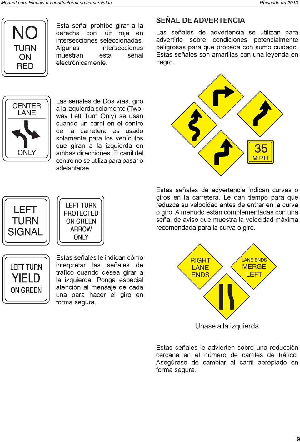SEÑAL DE ADVERTENCIA Las señales de advertencia se utilizan para advertirle sobre condiciones potencialmente peligrosas para que proceda con sumo cuidado.