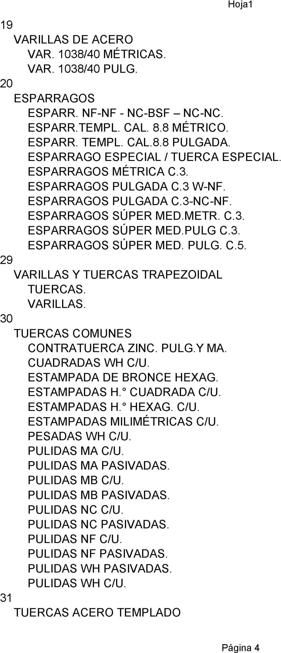 29 VARILLAS Y TUERCAS TRAPEZOIDAL TUERCAS. VARILLAS. 30 TUERCAS COMUNES CONTRATUERCA ZINC. PULG.Y MA. CUADRADAS WH C/U. ESTAMPADA DE BRONCE HEXAG. ESTAMPADAS H. CUADRADA C/U. ESTAMPADAS H. HEXAG. C/U. ESTAMPADAS MILIMÉTRICAS C/U.