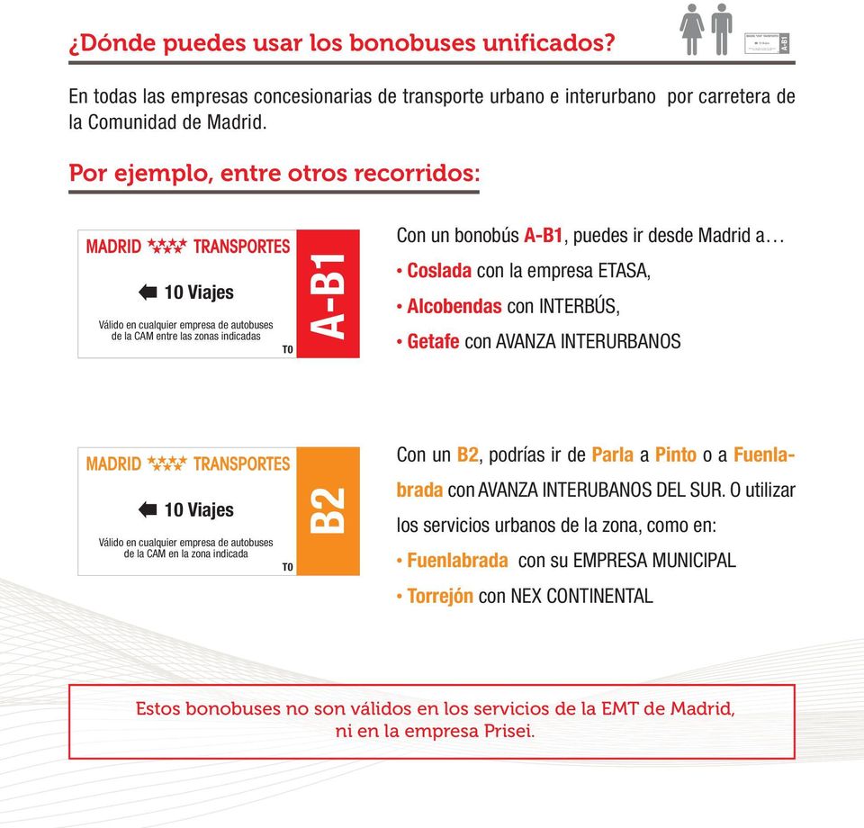 Por ejemplo, entre otros recorridos: Con un bonobús A-B1, puedes ir desde Madrid a de la CAM entre las zonas indicadas A-B1 Coslada con la empresa ETASA, Alcobendas con INTERBÚS,