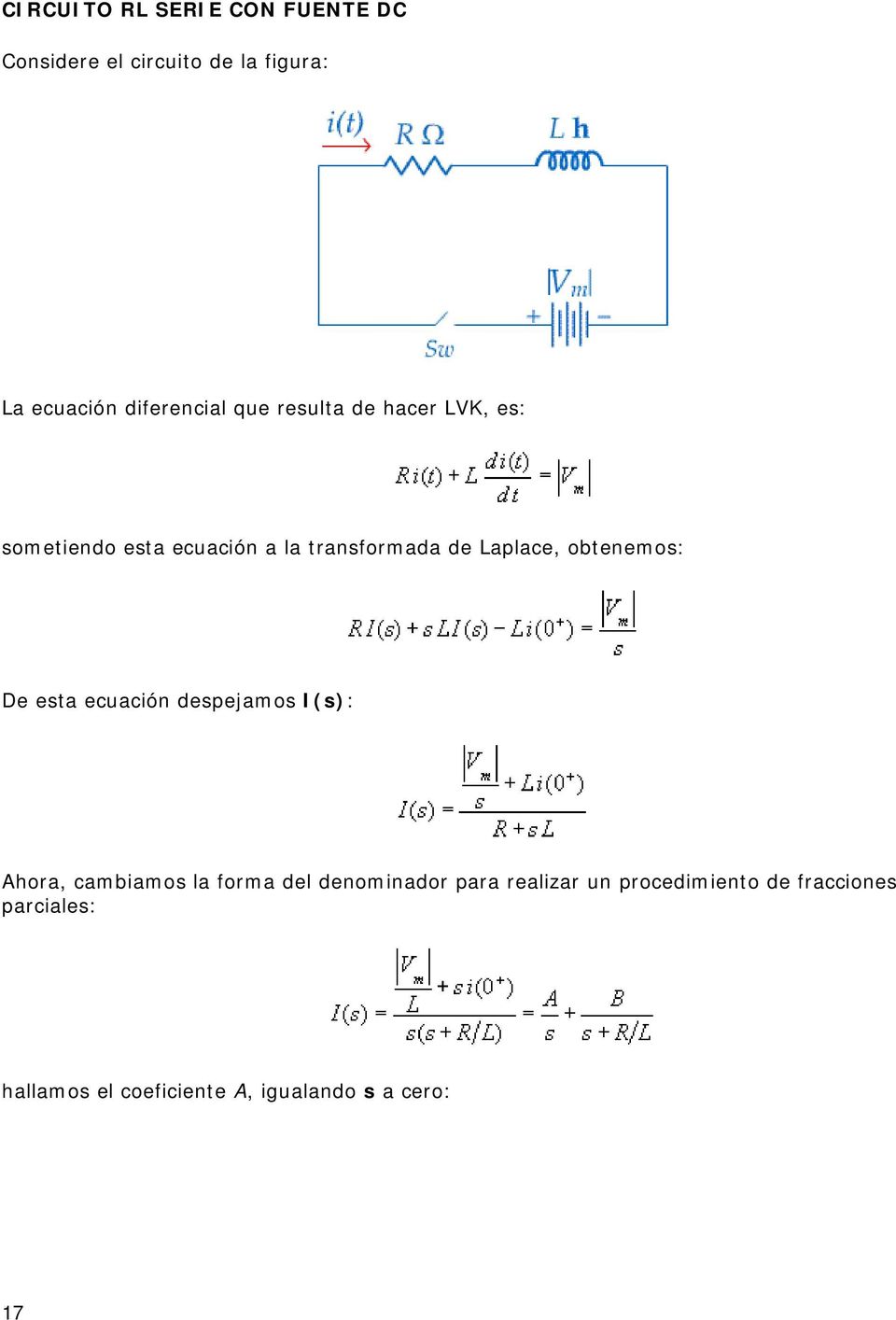 obtenemos: De esta ecuación despejamos I(s): Ahora, cambiamos la forma del denominador para
