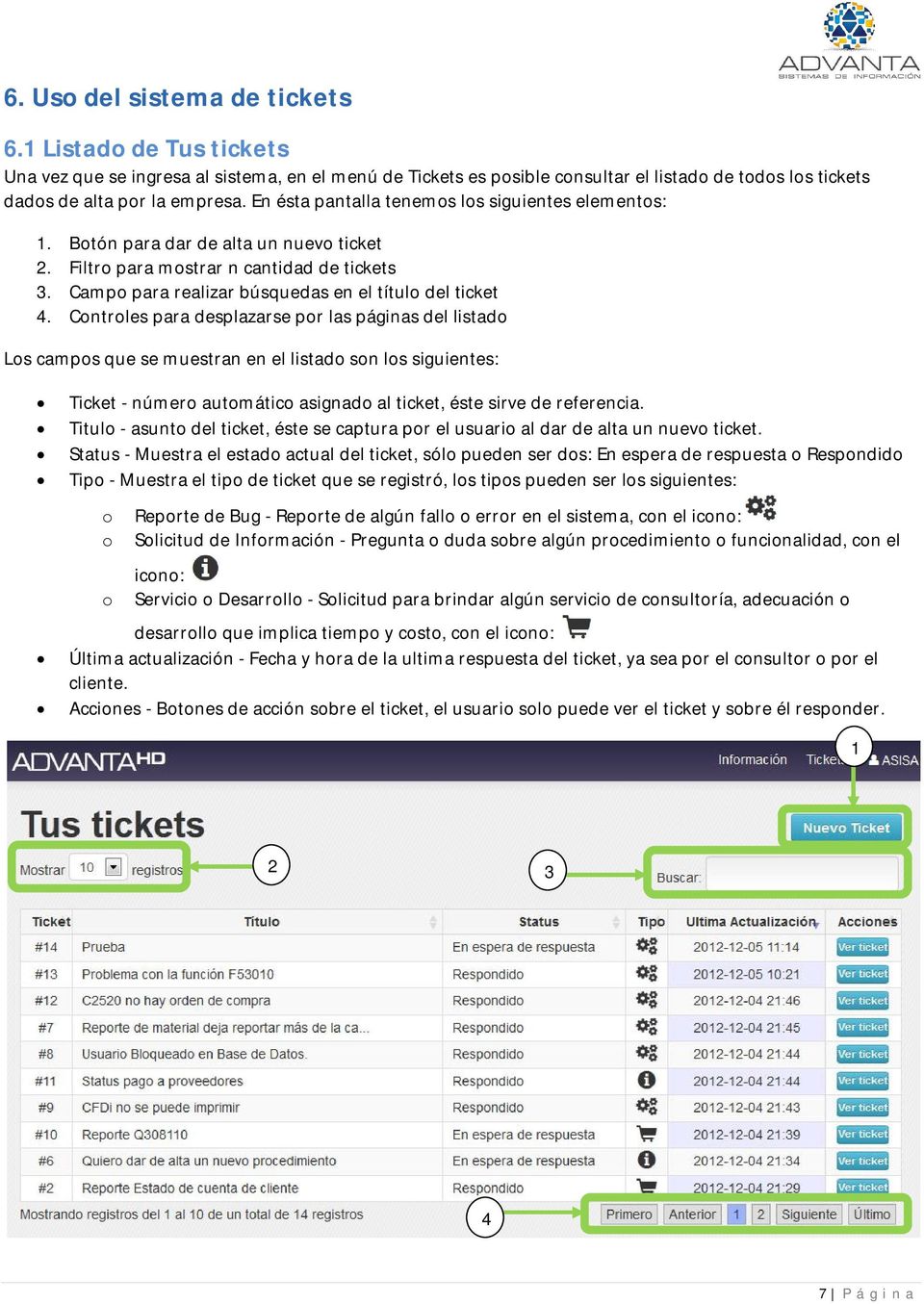 Controles para desplazarse por las páginas del listado Los campos que se muestran en el listado son los siguientes: Ticket - número automático asignado al ticket, éste sirve de referencia.