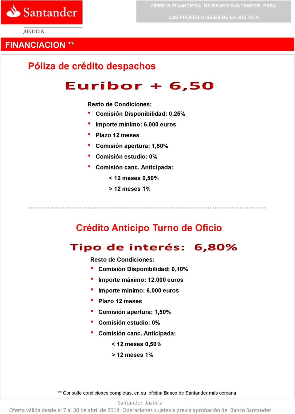 Crédito Anticipo Turno de Oficio Comisión Disponibilidad: 0,10% Importe máximo: 12.000 euros Importe mínimo: 6.