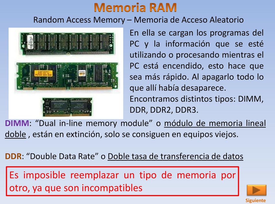 Encontramos distintos tipos: DIMM, DDR, DDR2, DDR3.