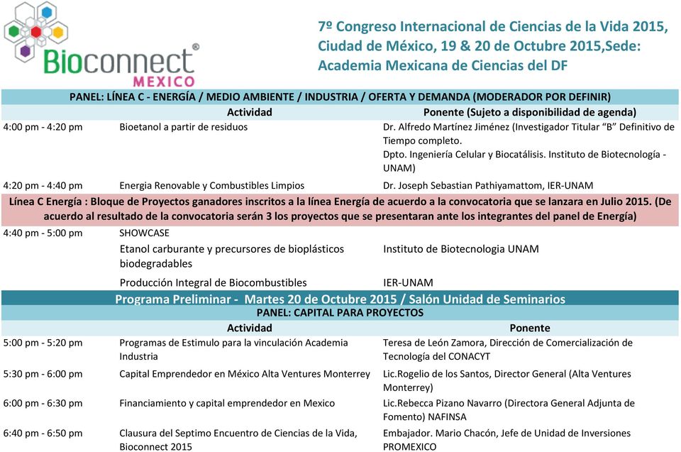 Ingeniería Celular y Biocatálisis. Instituto de Biotecnología - UNAM) 4:20 pm - 4:40 pm Energia Renovable y Combustibles Limpios Dr.