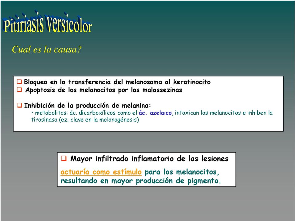 Inhibición de la producción de melanina: metabolitos: ác. dicarboxílicos como el ác.