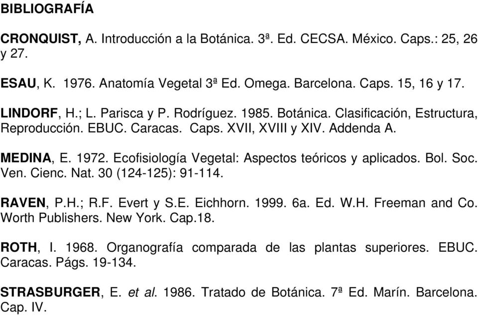 Ecofisiología Vegetal: Aspectos teóricos y aplicados. Bol. Soc. Ven. Cienc. Nat. 30 (124-125): 91-114. RAVEN, P.H.; R.F. Evert y S.E. Eichhorn. 1999. 6a. Ed. W.H. Freeman and Co.