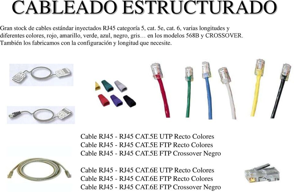También los fabricamos con la configuración y longitud que necesite. Cable RJ45 - RJ45 CAT.5E UTP Recto Colores Cable RJ45 - RJ45 CAT.