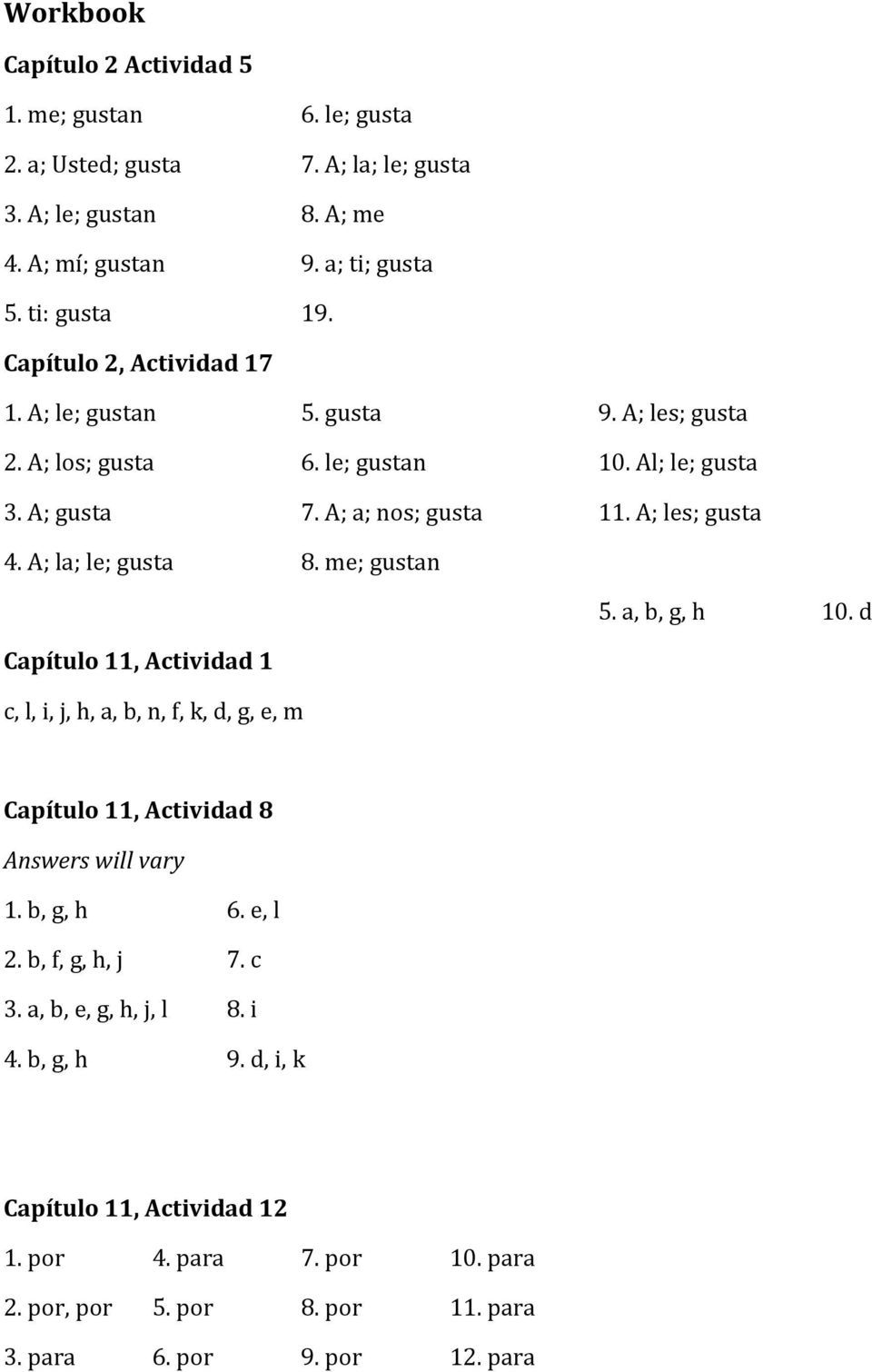 A; la; le; gusta 8. me; gustan 5. a, b, g, h 10. d Capítulo 11, Actividad 1 c, l, i, j, h, a, b, n, f, k, d, g, e, m Capítulo 11, Actividad 8 Answers will vary 1. b, g, h 6.