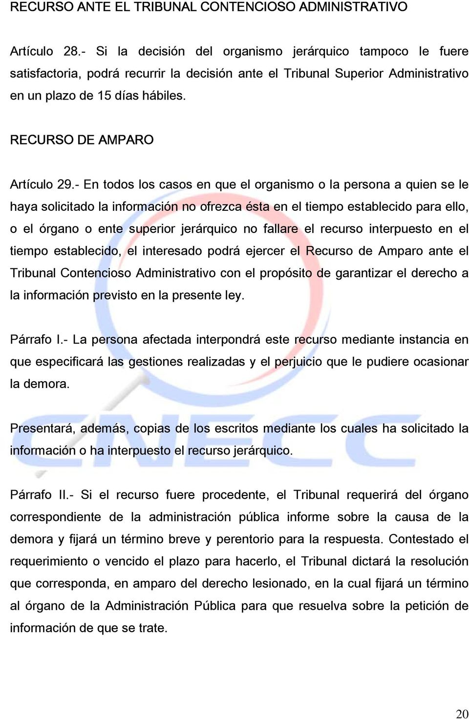 RECURSO DE AMPARO Artículo 29.