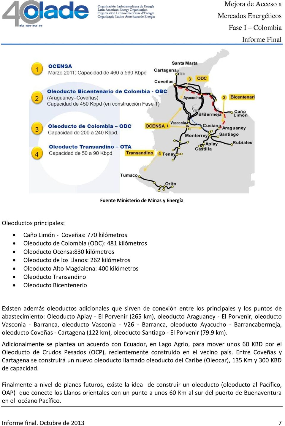 abastecimiento: Oleoducto Apiay - El Porvenir (265 km), oleoducto Araguaney - El Porvenir, oleoducto Vasconia - Barranca, oleoducto Vasconia - V26 - Barranca, oleoducto Ayacucho - Barrancabermeja,