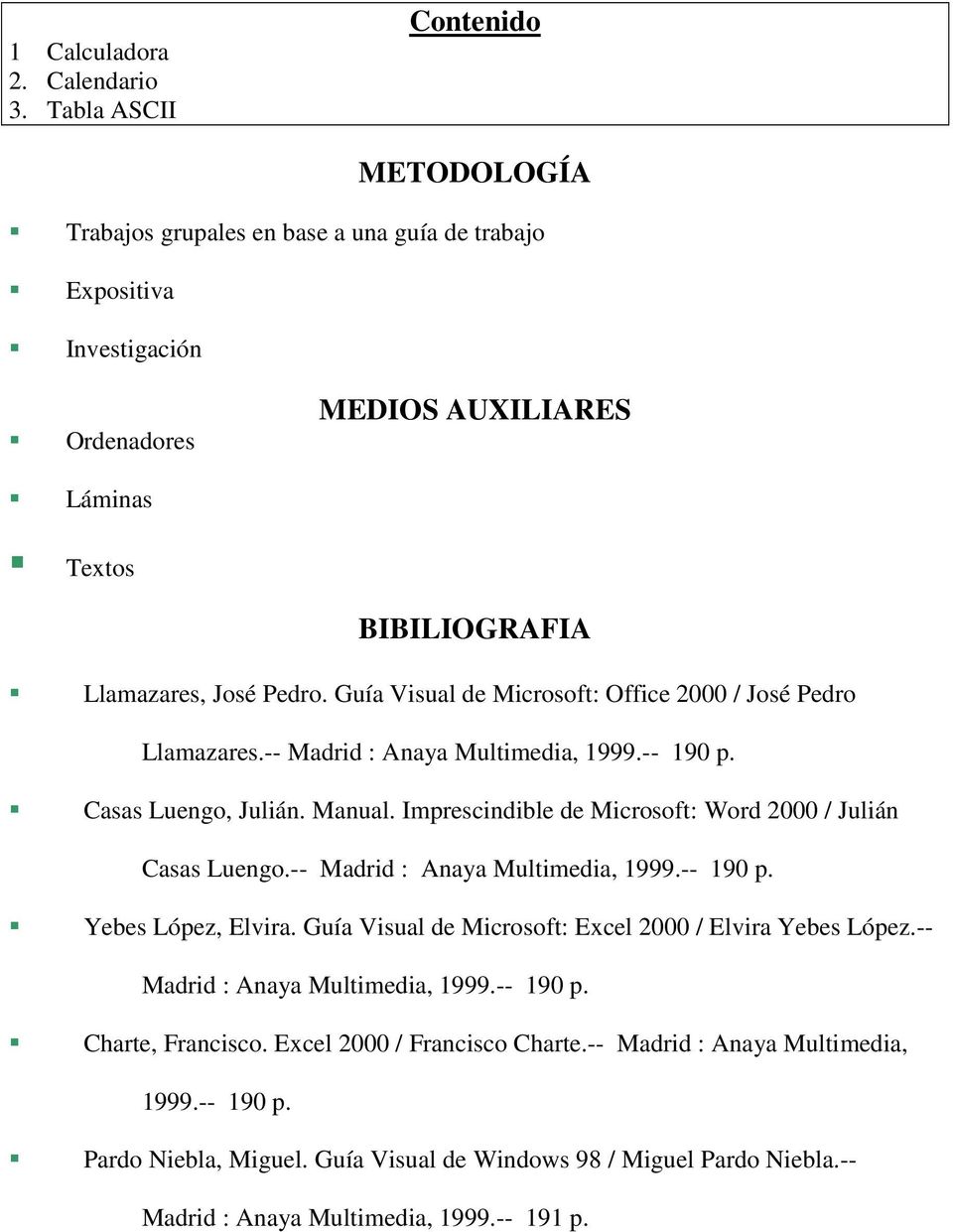 Guía Visual de Microsoft: Office 2000 / José Pedro Llamazares.-- Madrid : Anaya Multimedia, 1999.-- 190 p. Casas Luengo, Julián. Manual.