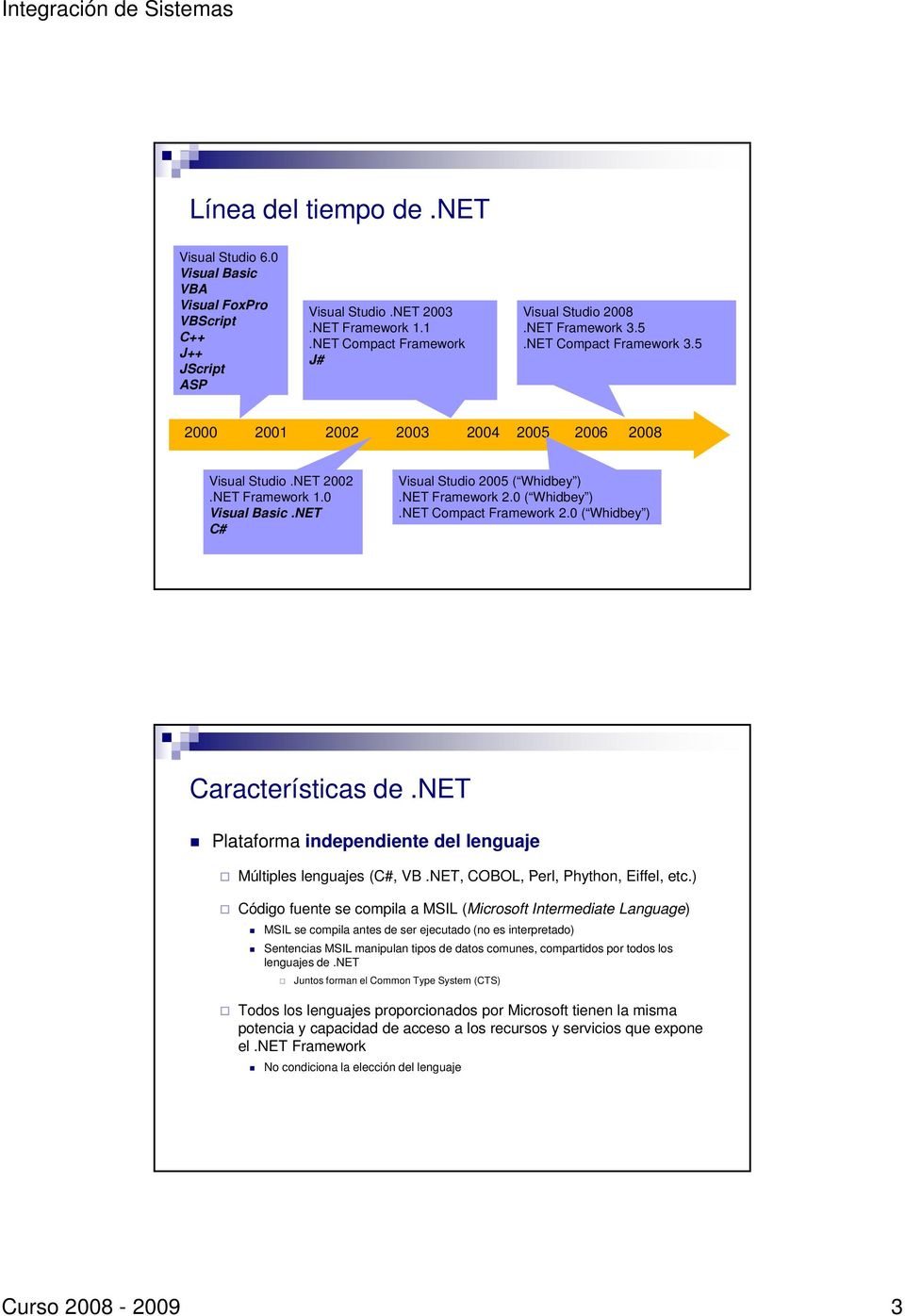 0 ( Whidbey ).NET Compact Framework 2.0 ( Whidbey ) Características de.net Plataforma independiente del lenguaje Múltiples lenguajes (C#, VB.NET, COBOL, Perl, Phython, Eiffel, etc.