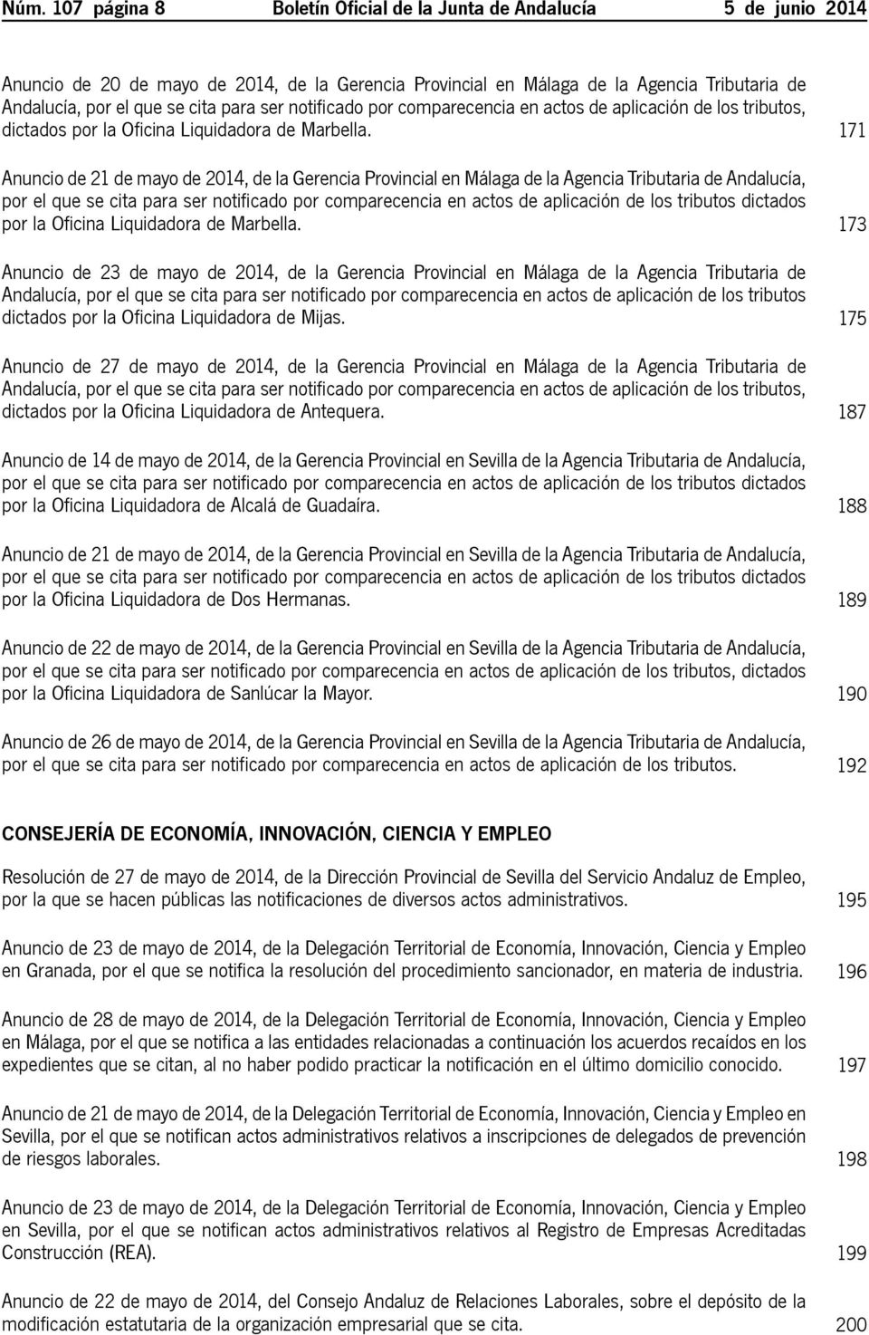 171 Anuncio de 21 de mayo de 2014, de la Gerencia Provincial en Málaga de la Agencia Tributaria de Andalucía, por el que se cita para ser notificado por comparecencia en actos de aplicación de los