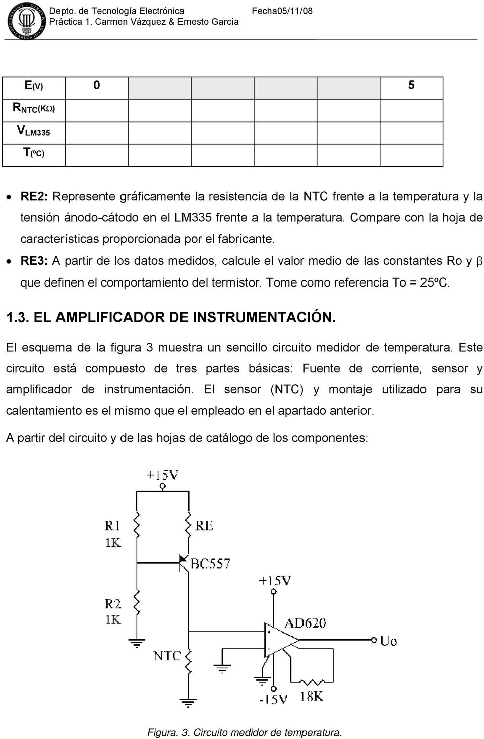 Tome como referencia To = 25ºC. 1.3. EL AMPLIFICADOR DE INSTRUMENTACIÓN. El esquema de la figura 3 muestra un sencillo circuito medidor de temperatura.
