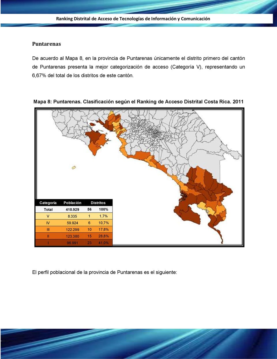 Clasificación según el Ranking de Acceso Distrital Costa Rica. 2011 Categoría Población Distritos Total 410.929 56 100% V 8.