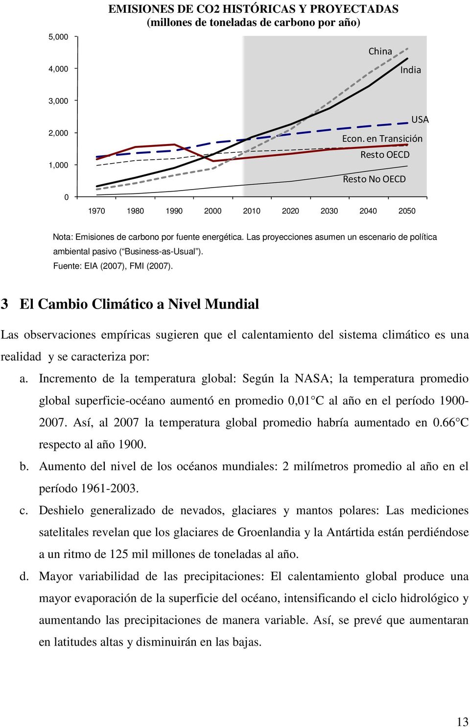 Las proyecciones asumen un escenario de política ambiental pasivo ( Business-as-Usual ). Fuente: EIA (2007), FMI (2007).