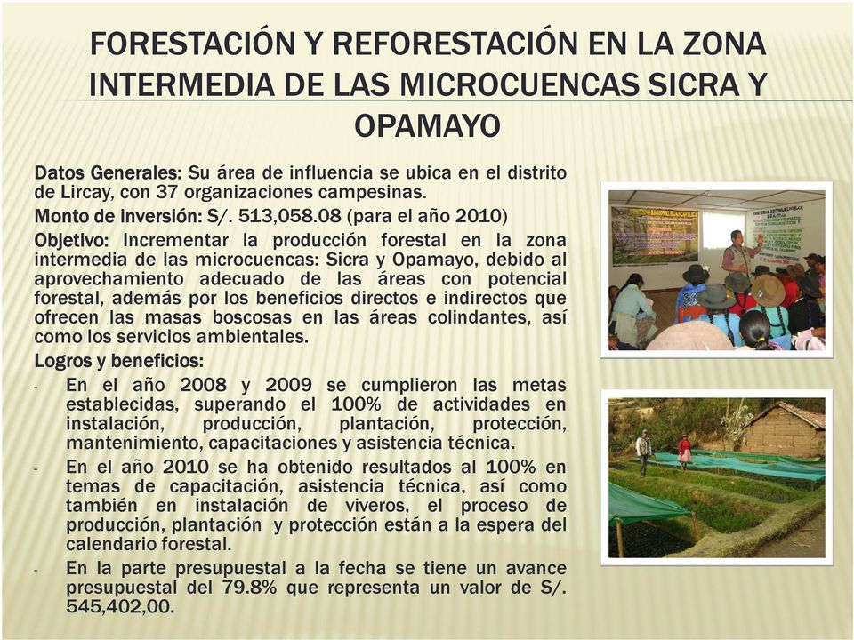 08 (para el año 2010) Objetivo: Objetivo: Incrementar la producción forestal en la zona intermedia de las microcuencas: Sicra y Opamayo, debido al aprovechamiento adecuado de las áreas con potencial