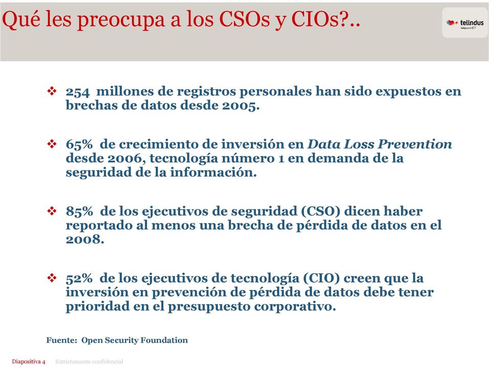 85% de los ejecutivos de seguridad (CSO) dicen haber reportado al menos una brecha de pérdida de datos en el 2008.