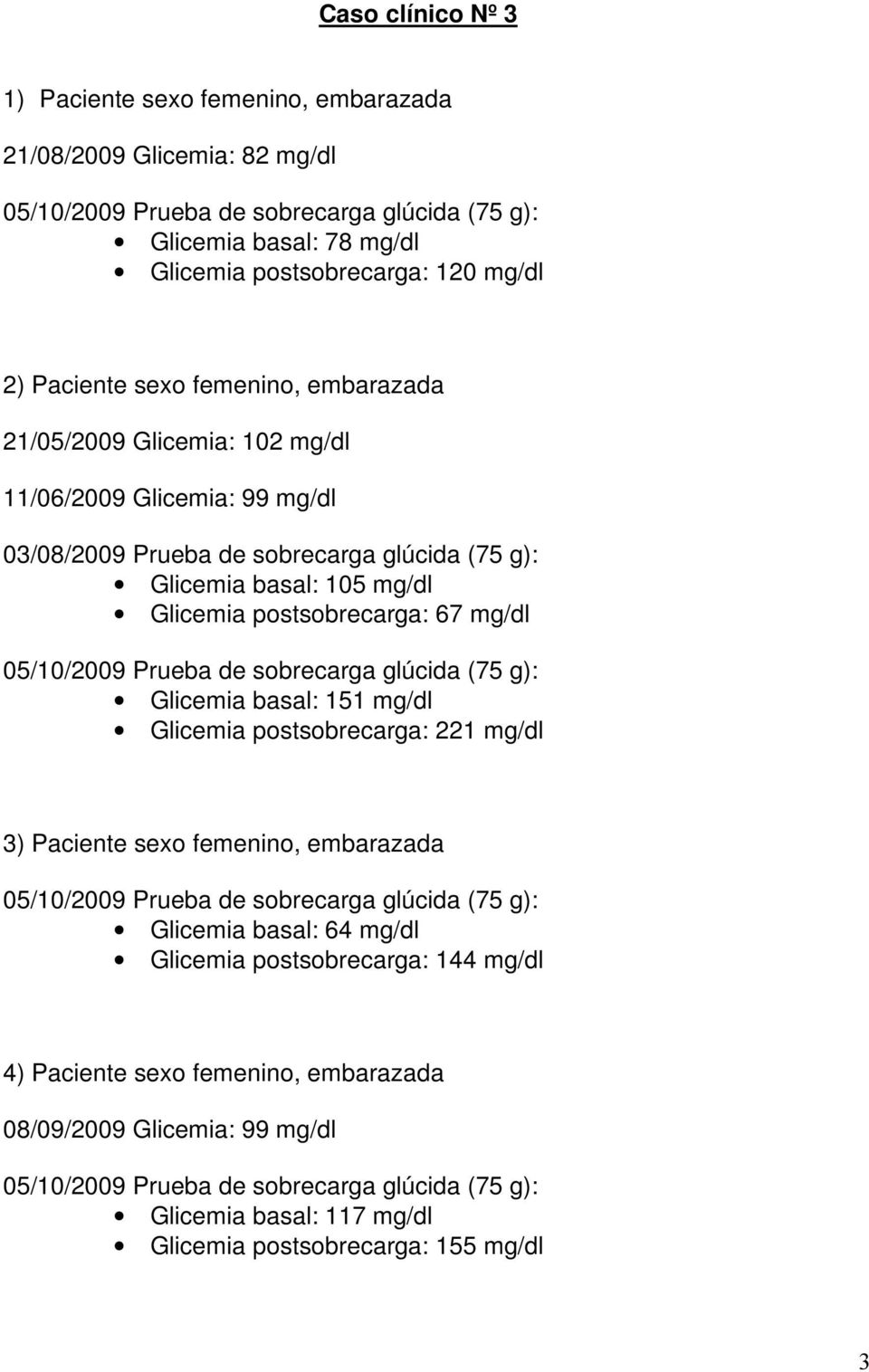 mg/dl 05/10/2009 Prueba de sobrecarga glúcida (75 g): Glicemia basal: 151 mg/dl Glicemia postsobrecarga: 221 mg/dl 3) Paciente sexo femenino, embarazada 05/10/2009 Prueba de sobrecarga glúcida (75