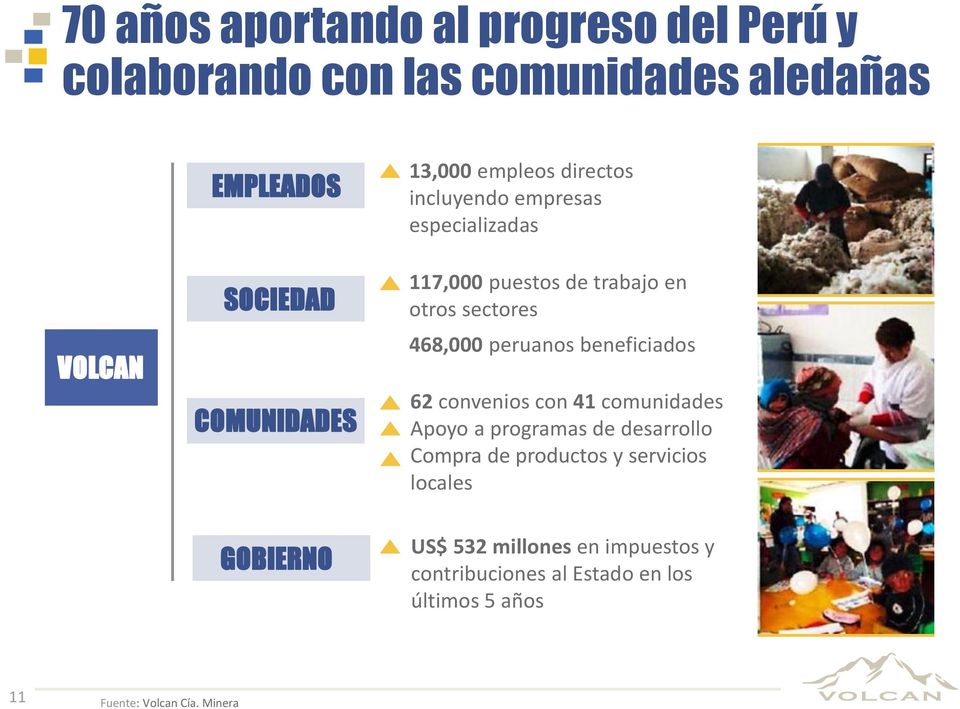 sectores 468,000 peruanos beneficiados 62 convenios con 41 comunidades Apoyo a programas de desarrollo Compra de